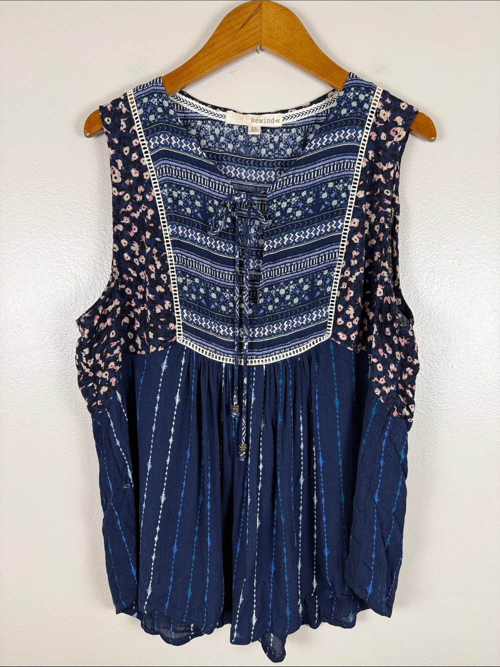 Rewind Navy Mixed-Print Sleeveless Boho Top. XL